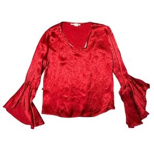 Dressbarn Red Crushed Satin V-Neck Bell Sleeve Blouse Top Small Made in USA 3789